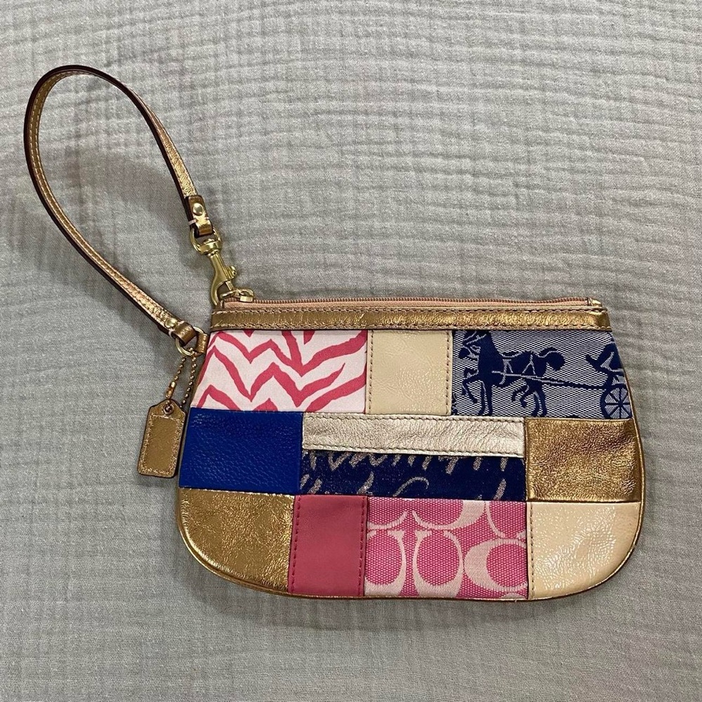 Coach Multicolor Patchwork Wristlet with Gold Trim